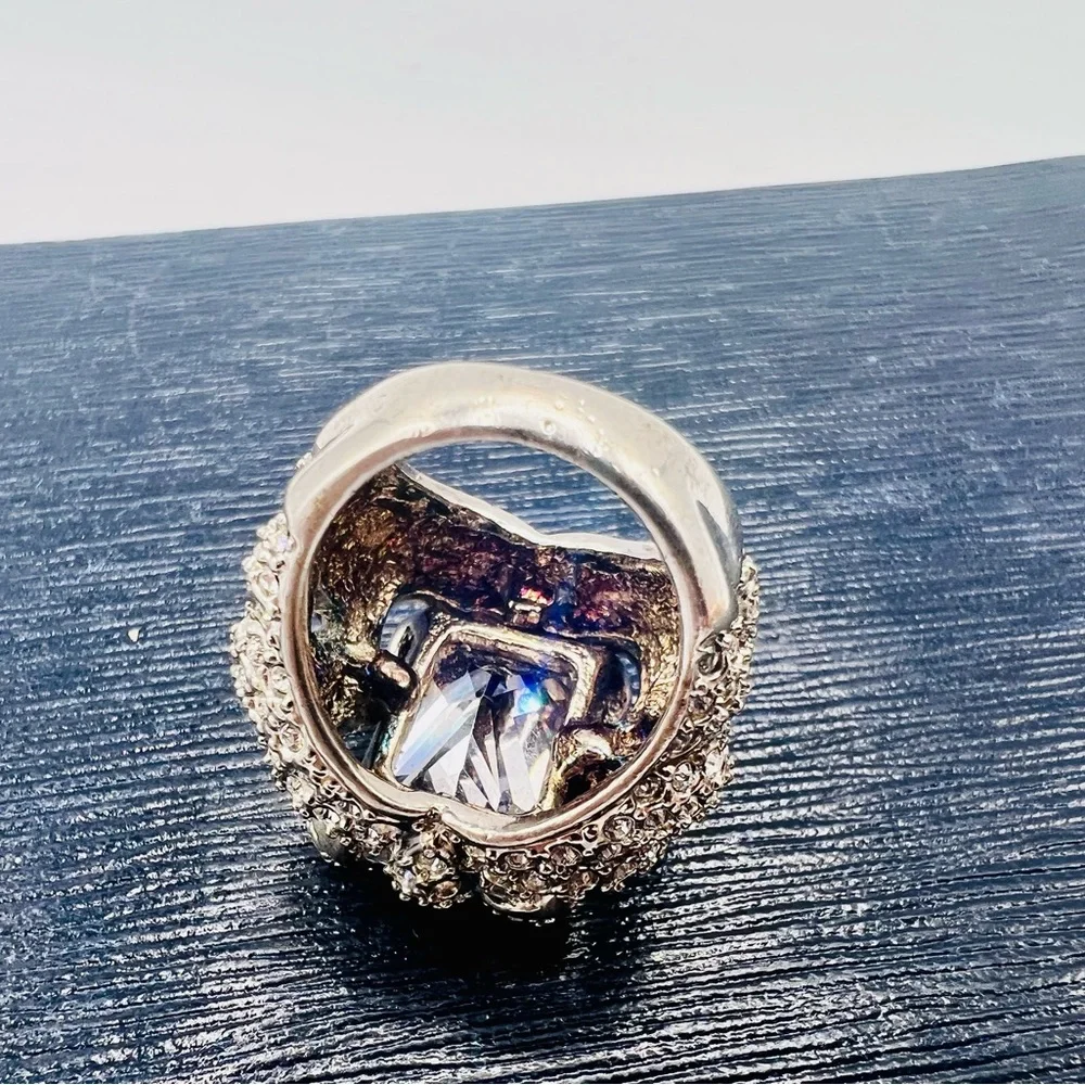 Huge chunky fake diamond cocktail ring paved rhinestones silver tone size 6